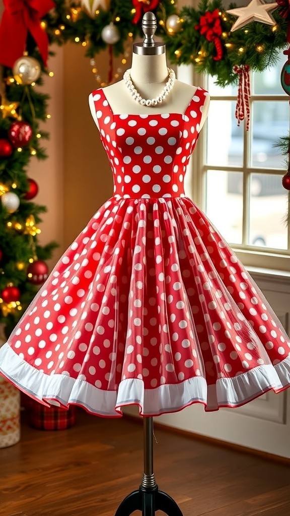 A vintage 1950s Christmas dress with a full skirt and polka dots, accessorized with pearls and heels, set against a festive backdrop.